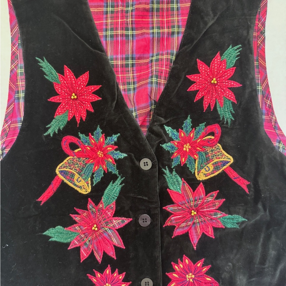 Vtg Casey & Max Christmas Holiday Vest Red Black Velvet Plaid Bells Poinsettia - Picture 5 of 7